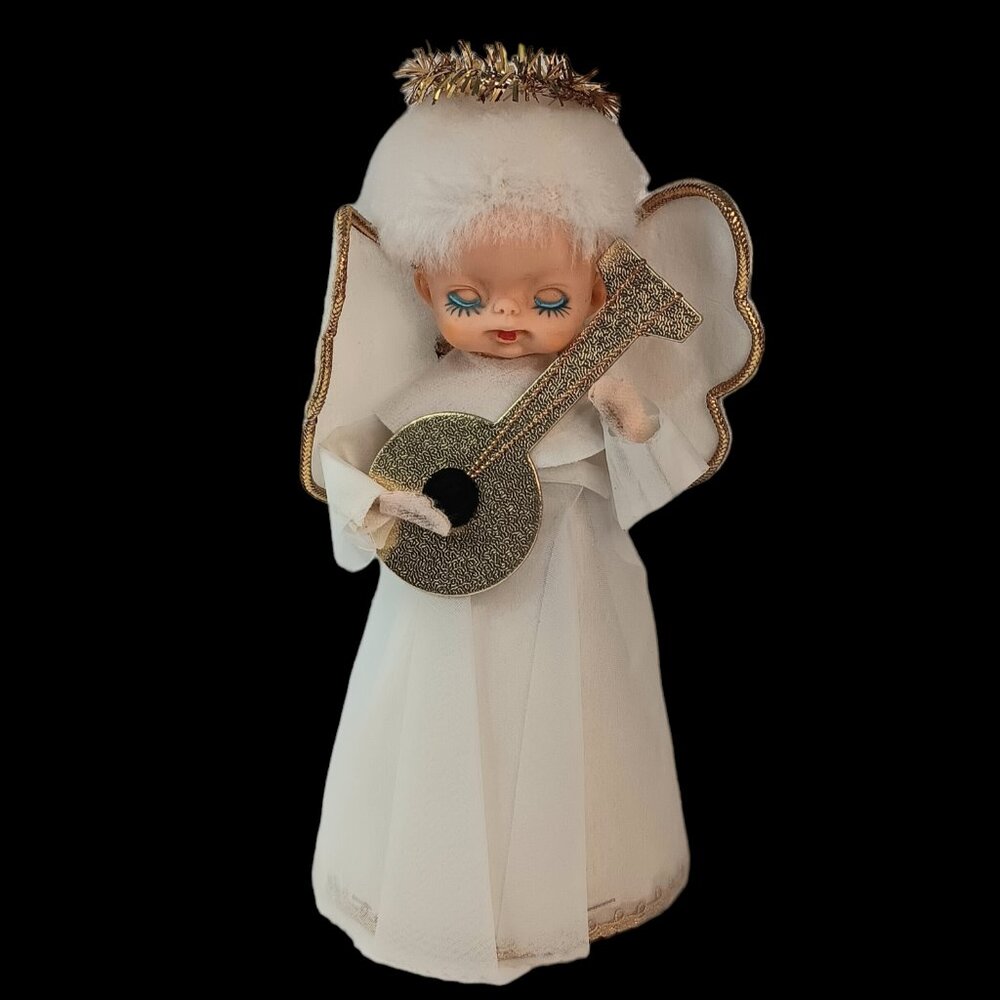 Vintage Cardboard Angel Tree Topper Playing Guitar Mandolin White Gold 9" X 4"